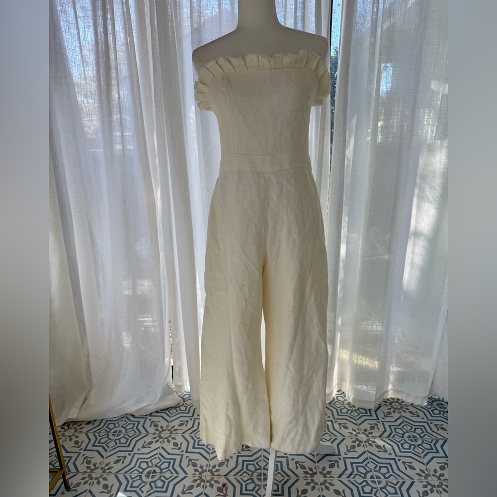 ALEXIS Linen Strapless Wide Leg Jumpsuit Cream Ruffle Top XL (no belt) - Picture 4 of 15